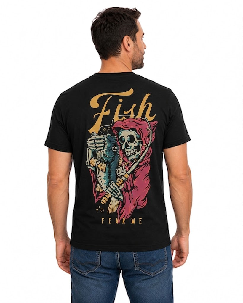 Black T-shirt back with hooded grim reaper holding a fish and rod