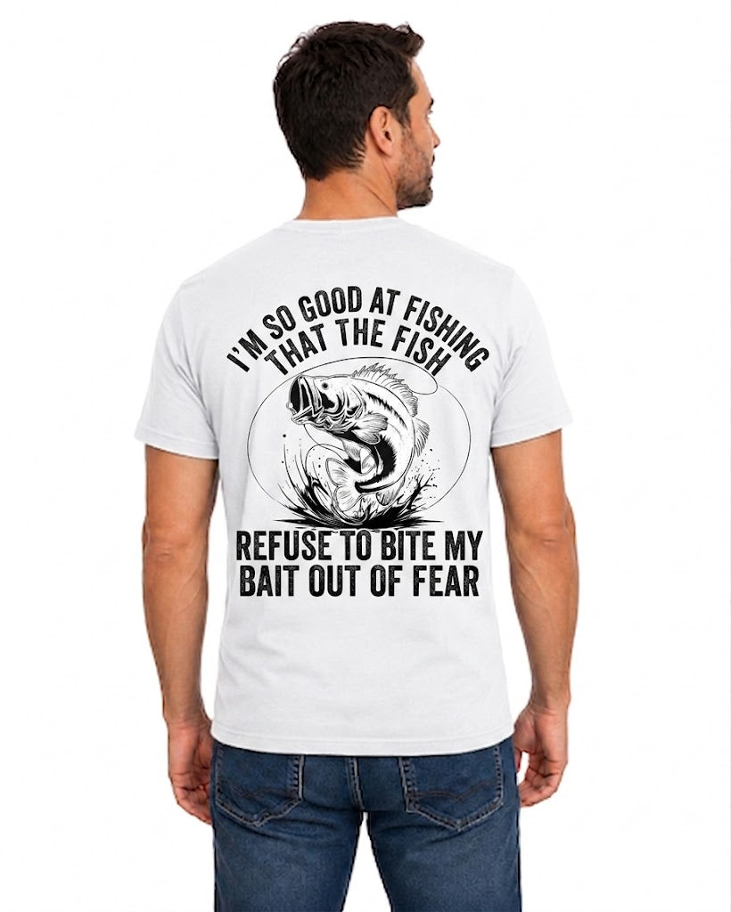 White T-shirt back with leaping bass and Fish Refuse to Bite My Bait fishing brag