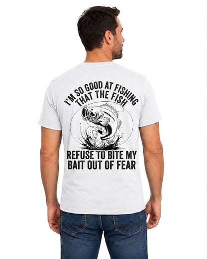 White T-shirt back with leaping bass and Fish Refuse to Bite My Bait fishing brag