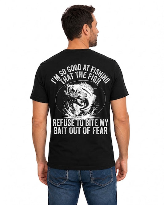 Black T-shirt back with leaping bass and Fish Refuse to Bite My Bait fishing brag