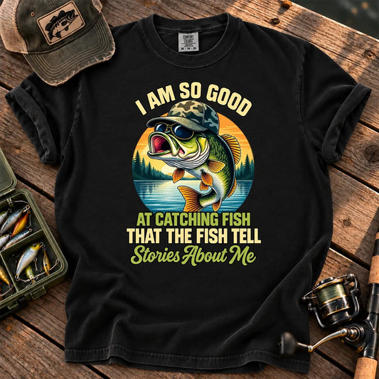 Fish Tell Stories About Me Cartoon T-Shirt in Black