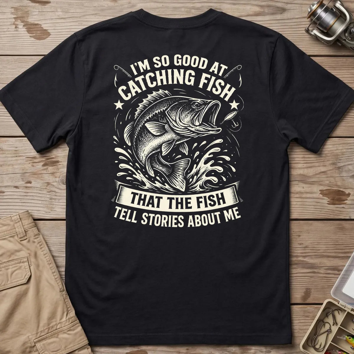 Fish Tell Stories About Me Splash T-Shirt in Black