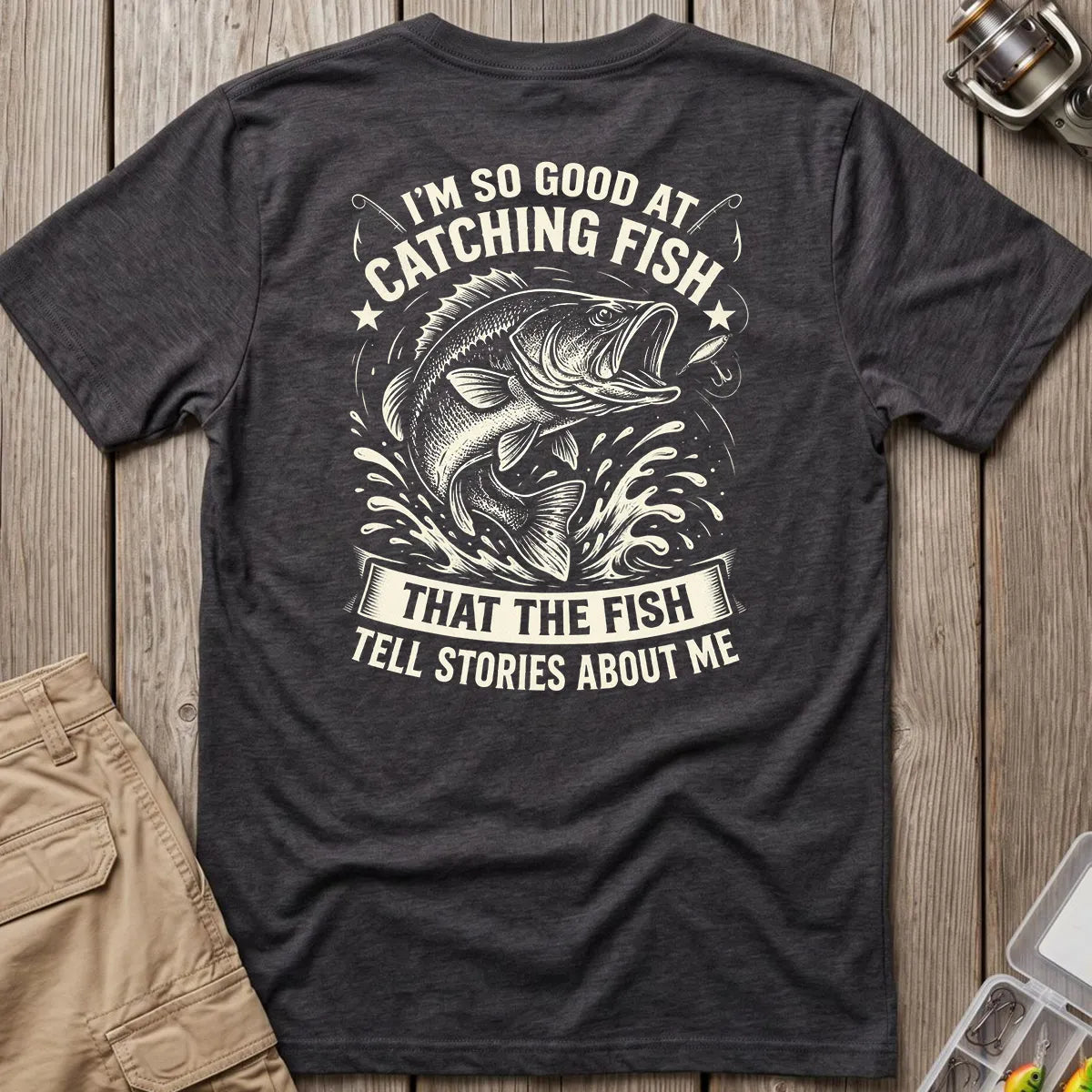 Fish Tell Stories About Me Splash T-Shirt in Dark Heather
