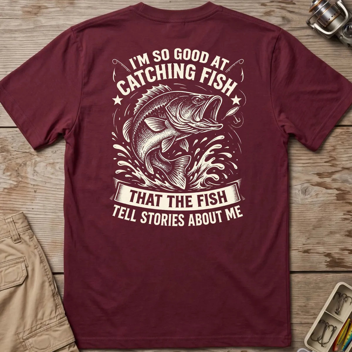 Fish Tell Stories About Me Splash T-Shirt in Maroon