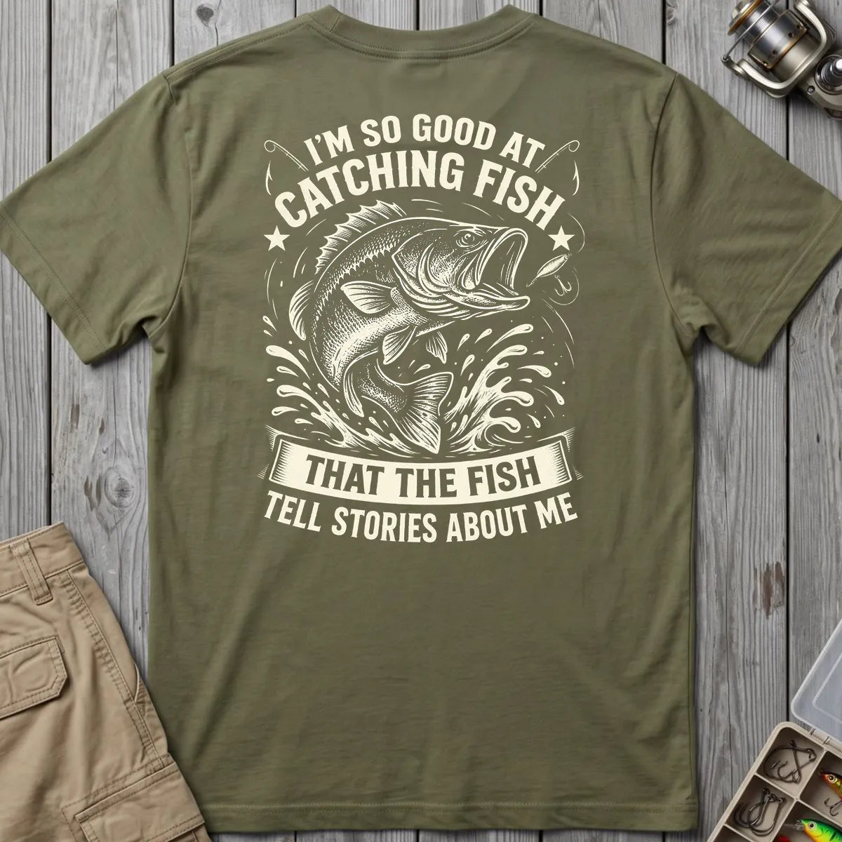 Fish Tell Stories About Me Splash T-Shirt in Military Green