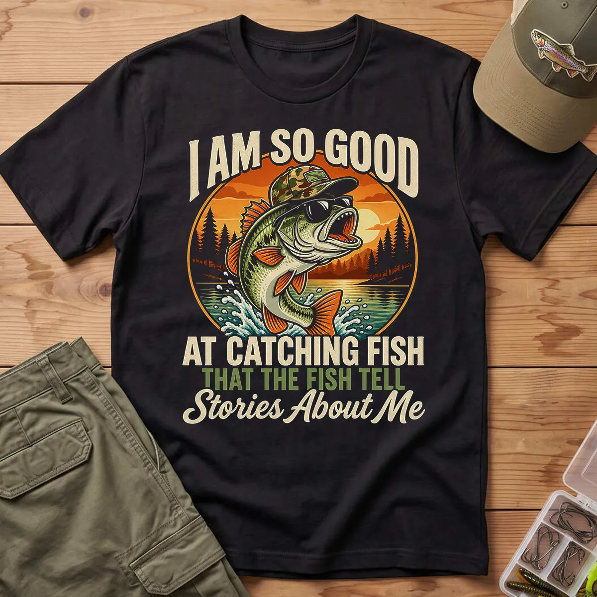 Fish Tell Stories About Me Sunset T-Shirt in Black