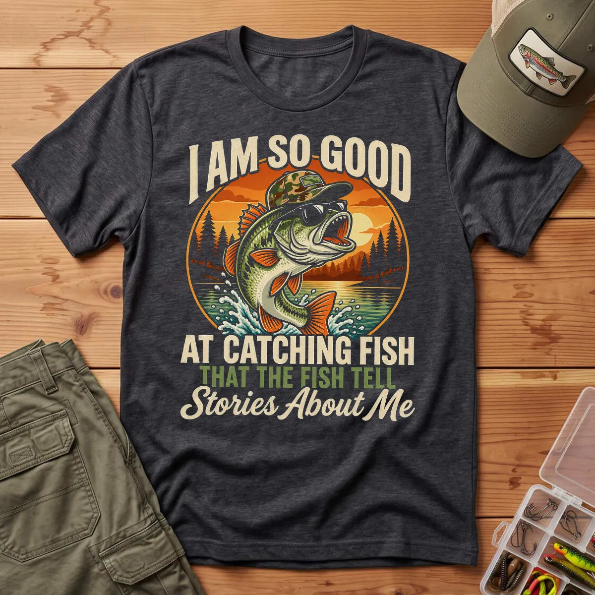 Fish Tell Stories About Me Sunset T-Shirt in Dark Heather
