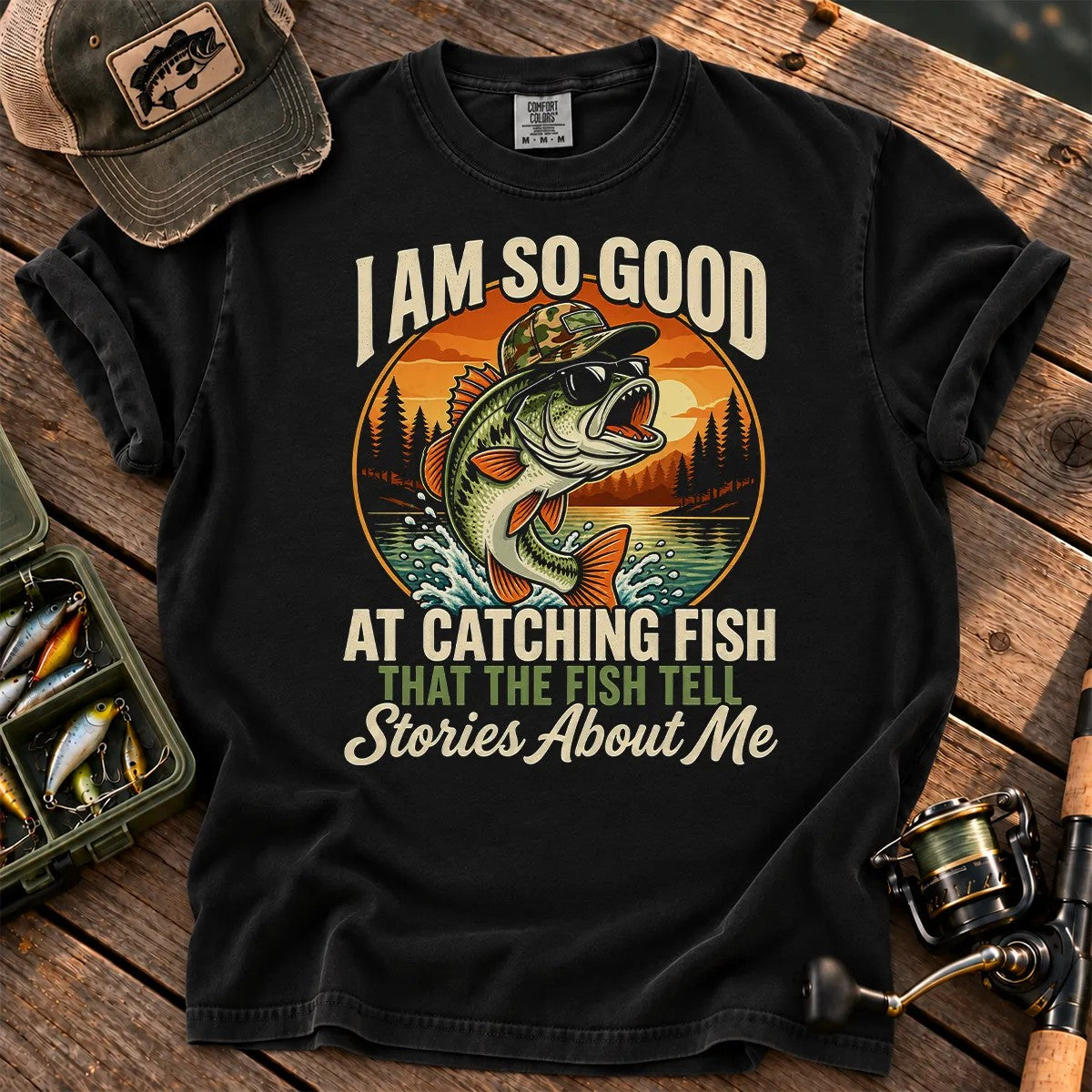 Fish Tell Stories About Me Sunset T-Shirt in Black
