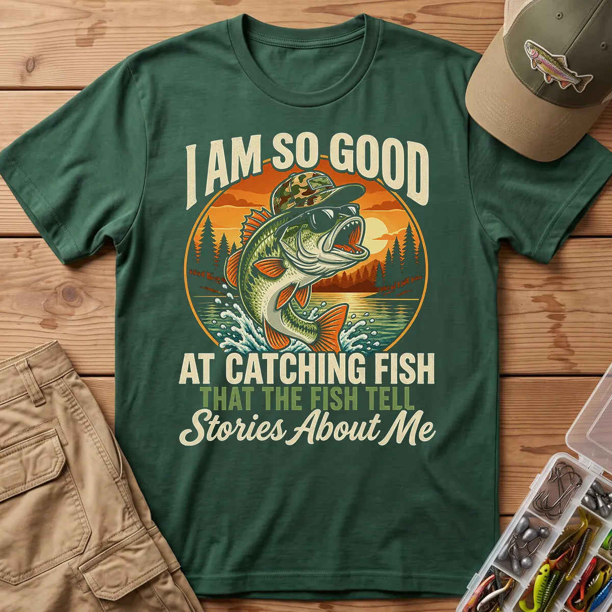 Fish Tell Stories About Me Sunset T-Shirt in Forest Green