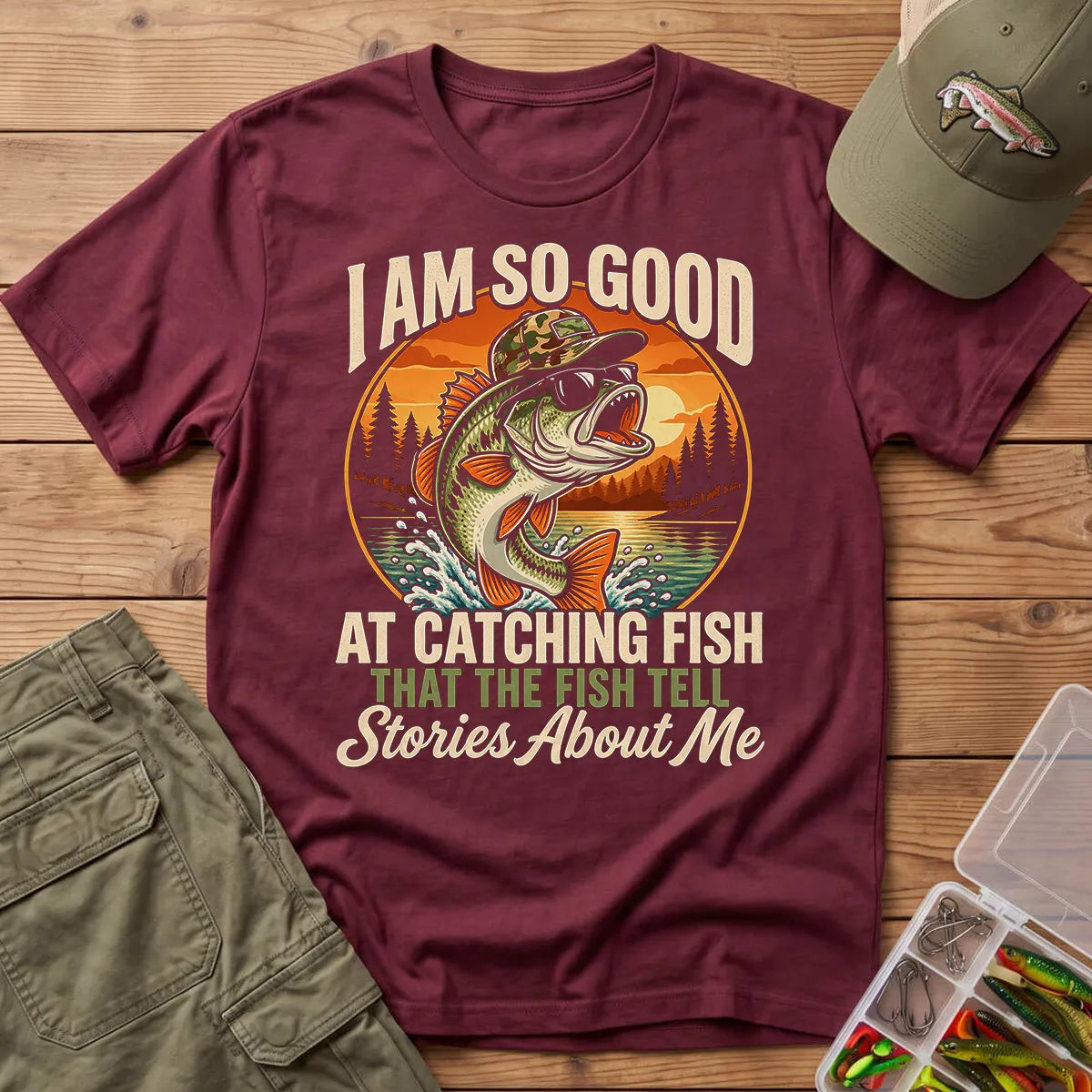 Fish Tell Stories About Me Sunset T-Shirt in Maroon