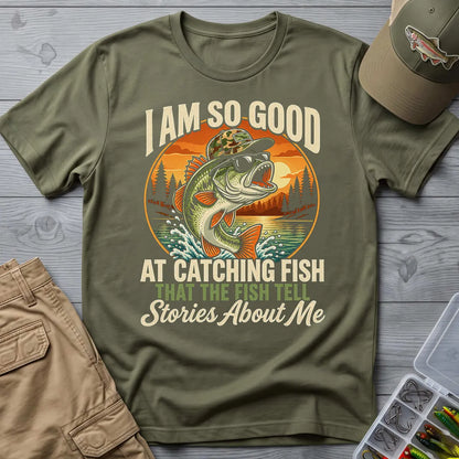 Fish Tell Stories About Me Sunset T-Shirt in Military Green