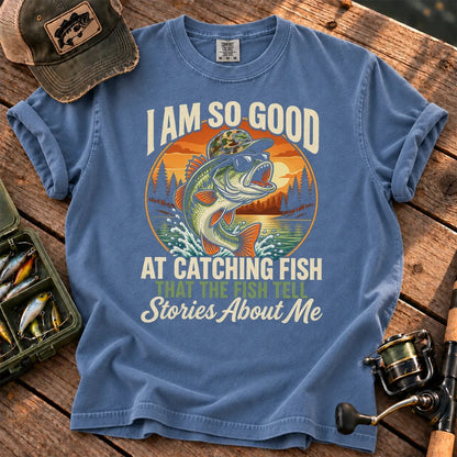 Fish Tell Stories About Me Sunset T-Shirt in Blue Jean