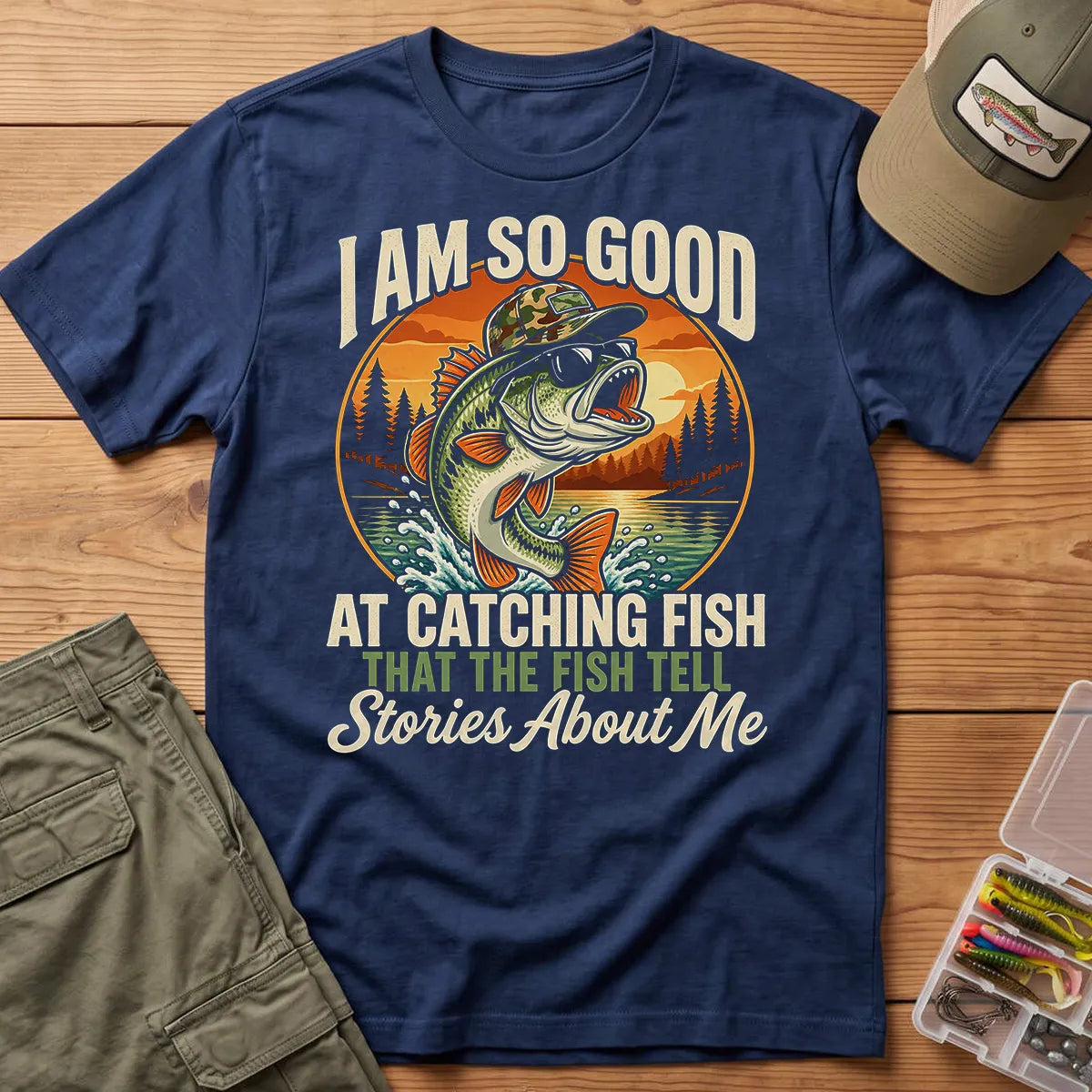 Fish Tell Stories About Me Sunset T-Shirt in Navy