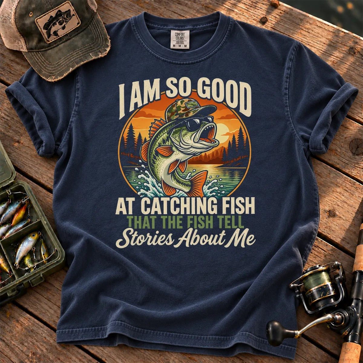 Fish Tell Stories About Me Sunset T-Shirt in True Navy