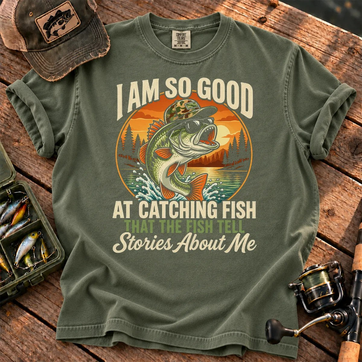 Fish Tell Stories About Me Sunset T-Shirt in Moss
