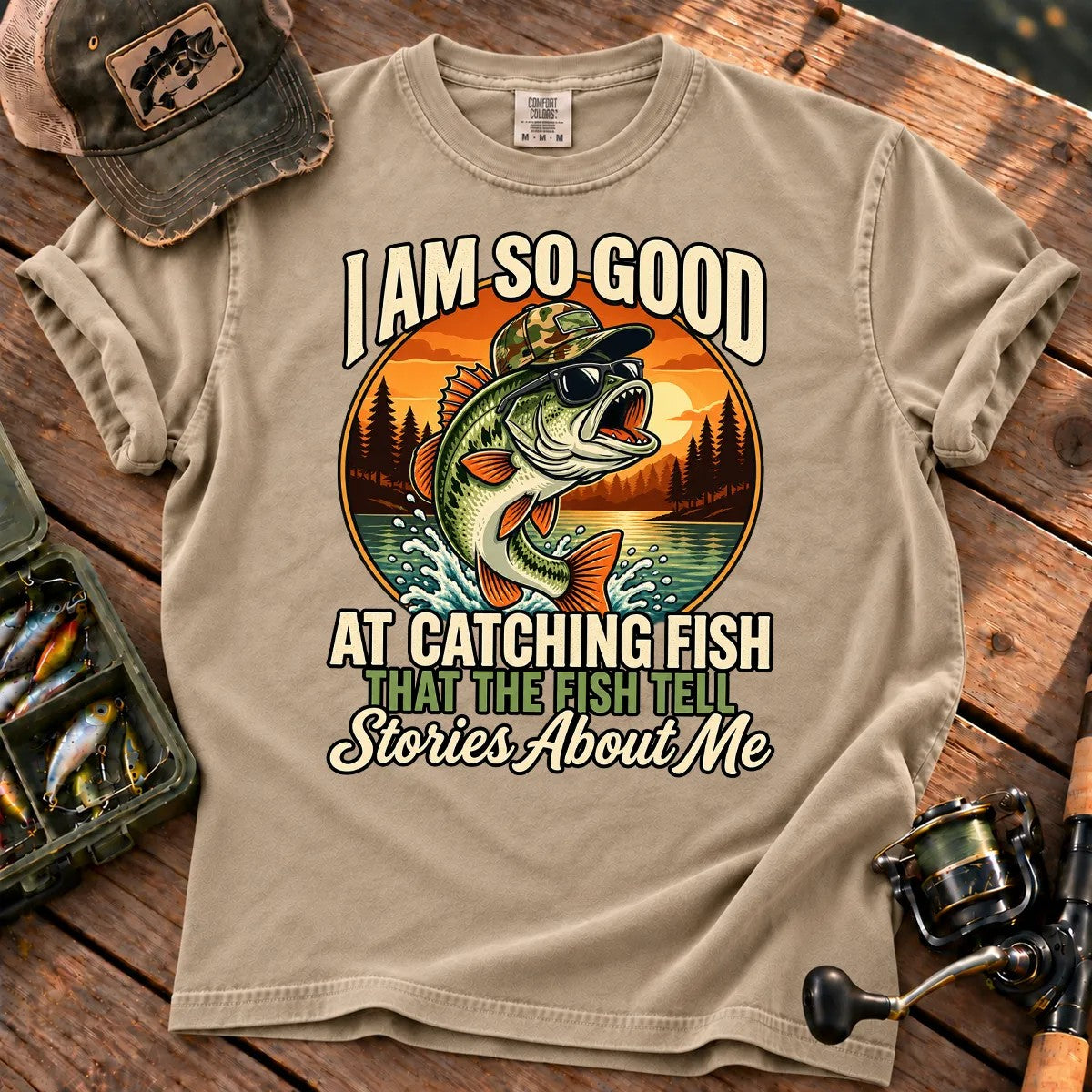Fish Tell Stories About Me Sunset T-Shirt in Sandstone
