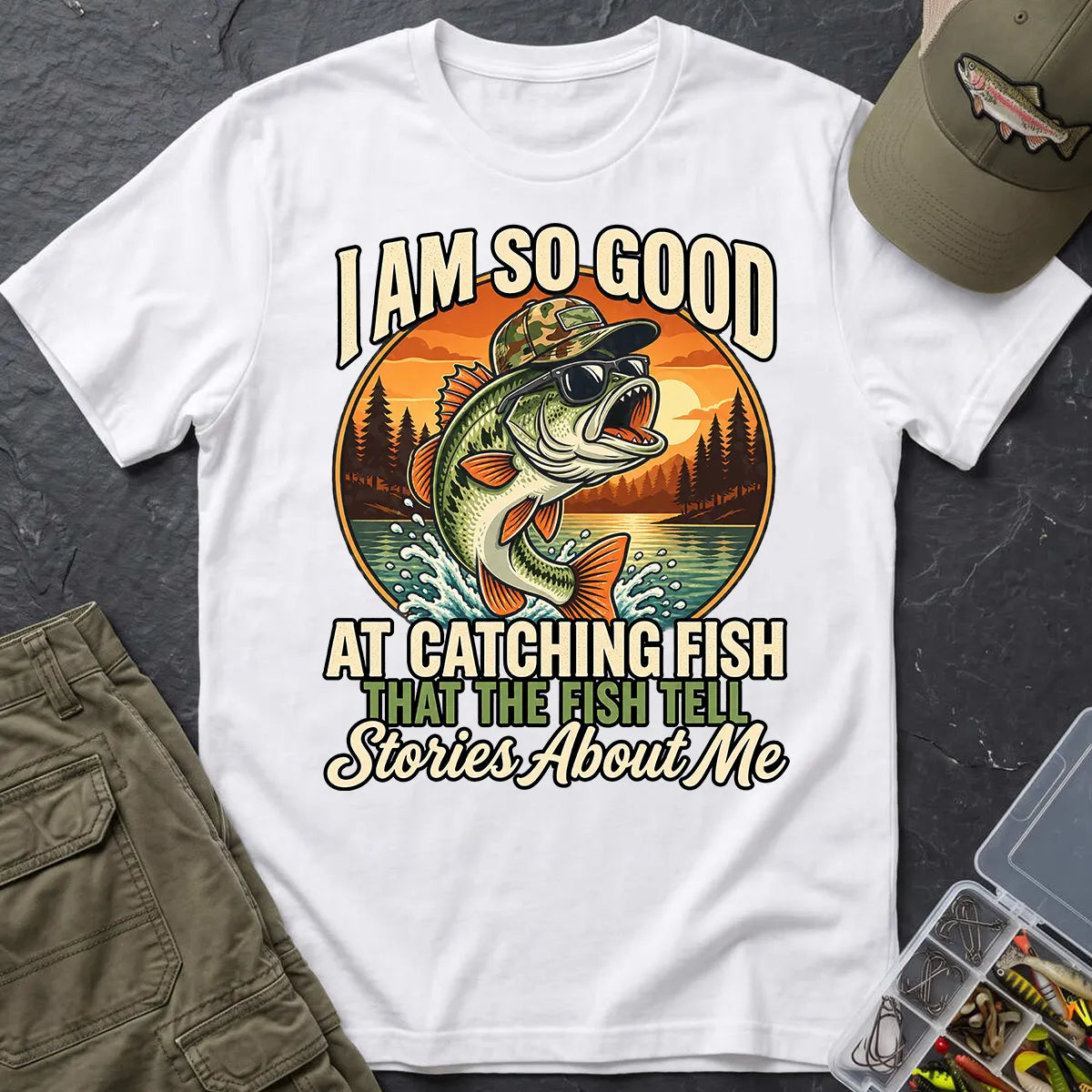 Fish Tell Stories About Me Sunset T-Shirt in White