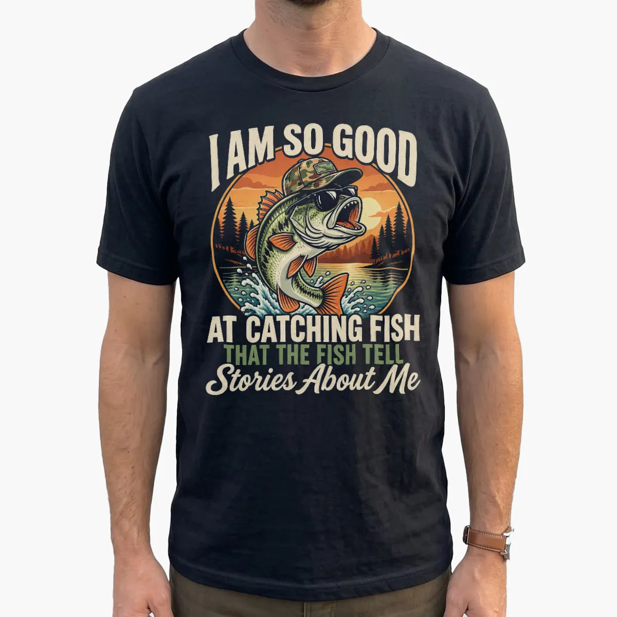 Fish Tell Stories About Me Sunset T-Shirt lifestyle mockup