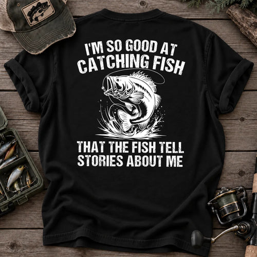 Fish Tell Stories About Me T-Shirt in Black