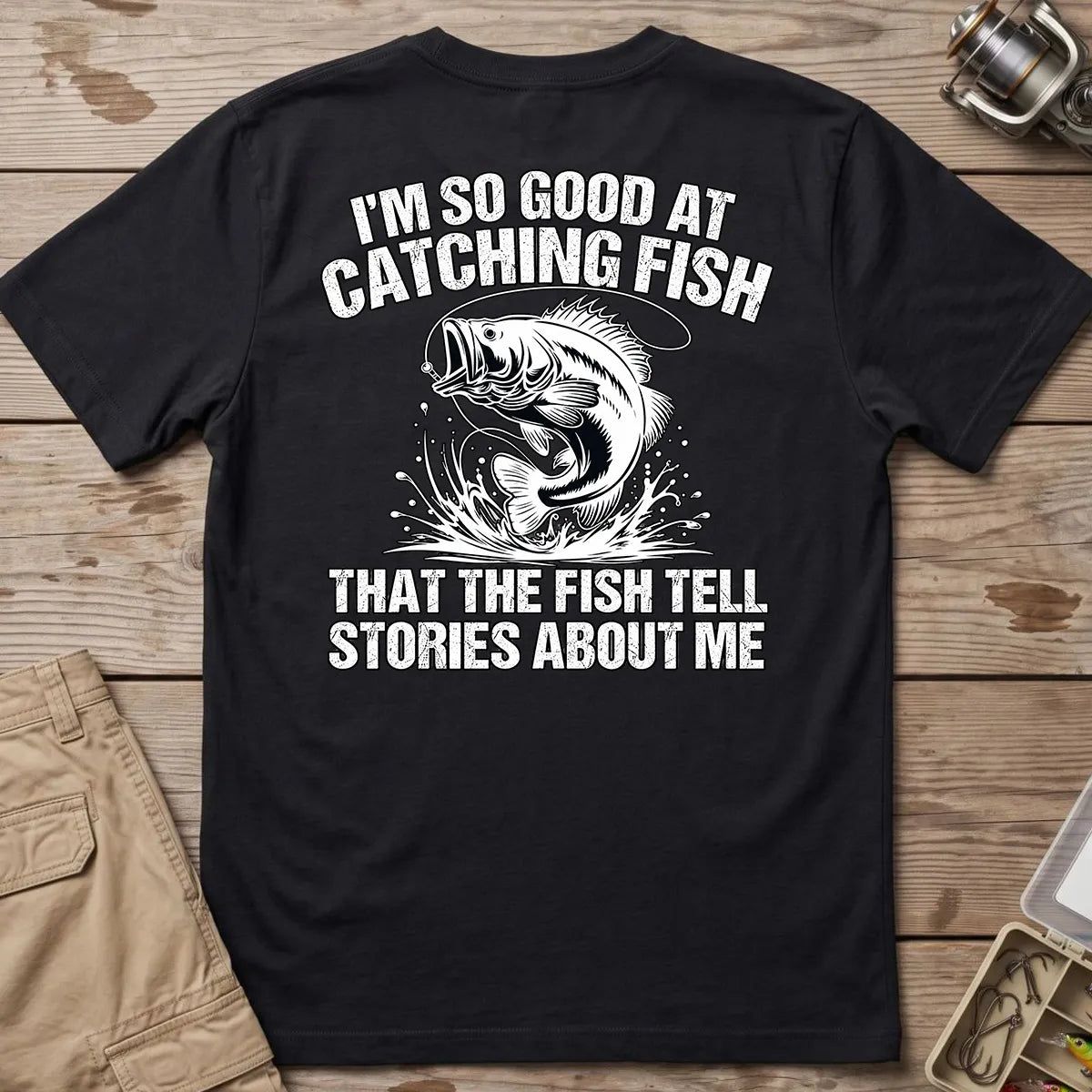 Fish Tell Stories About Me T-Shirt in Black