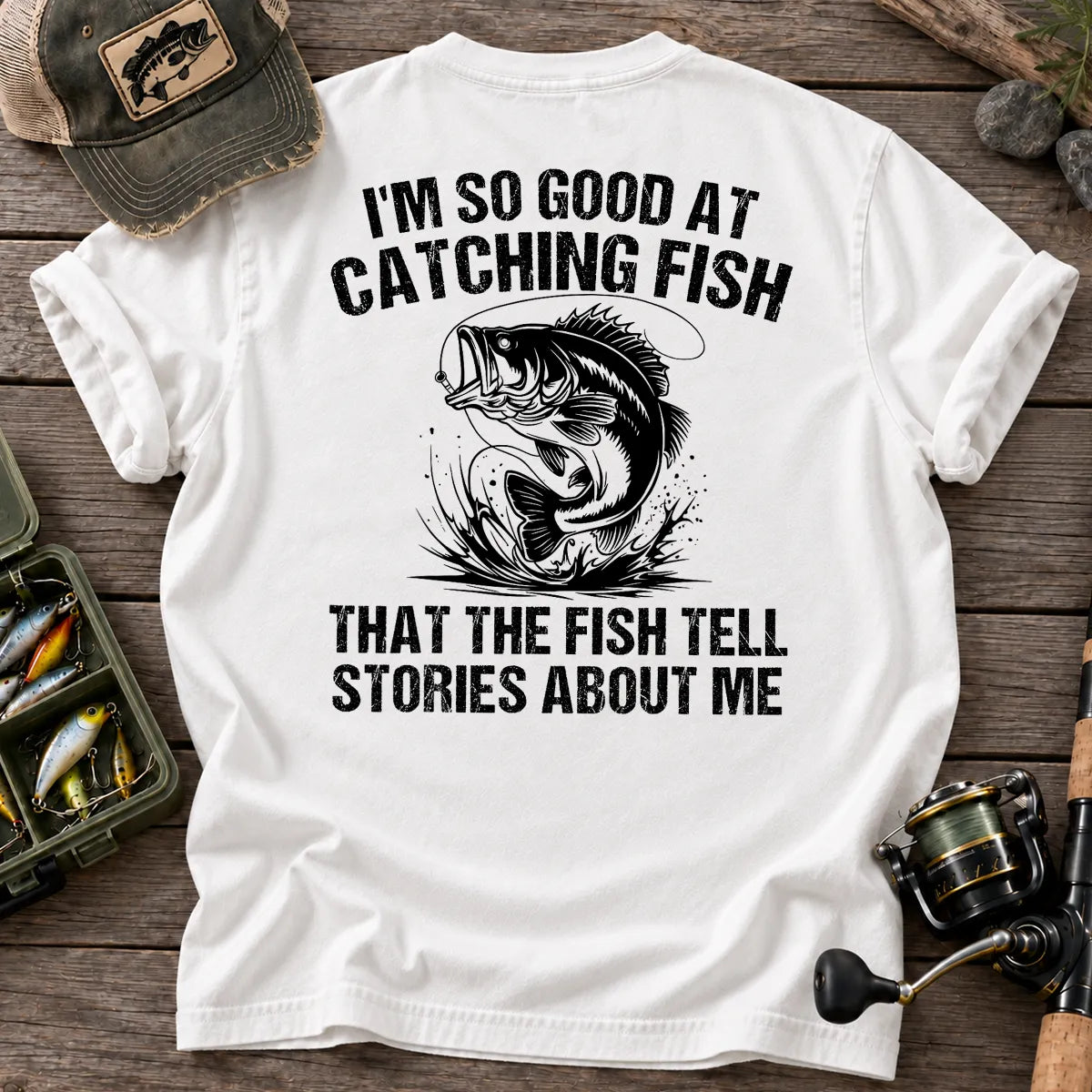 Fish Tell Stories About Me T-Shirt in White