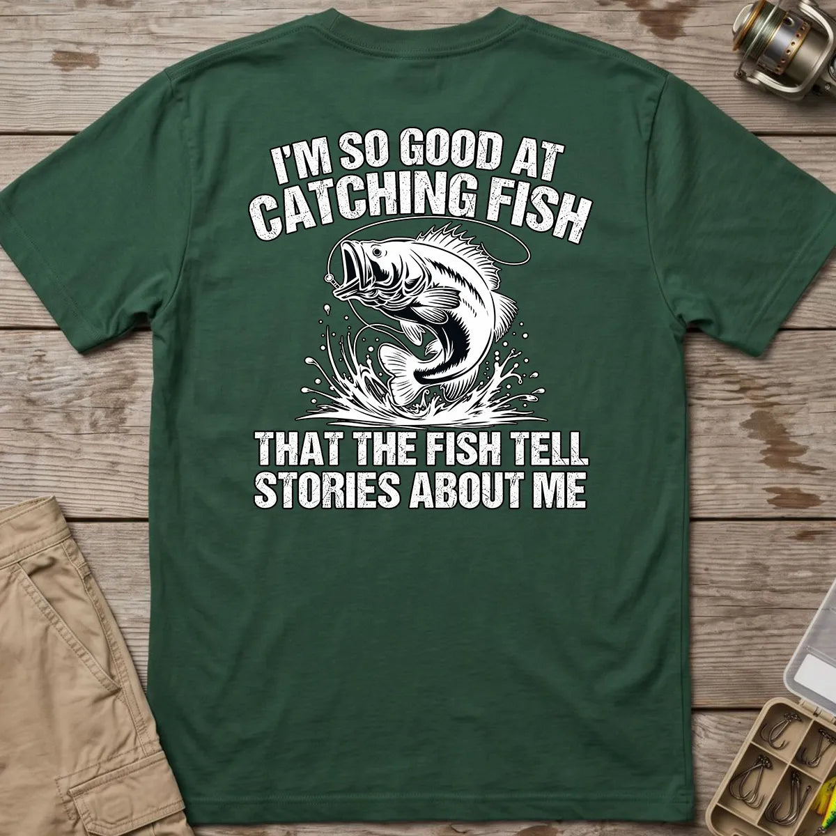Fish Tell Stories About Me T-Shirt in Forest Green