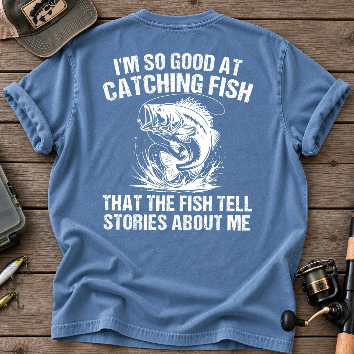 Fish Tell Stories About Me T-Shirt in Blue Jean