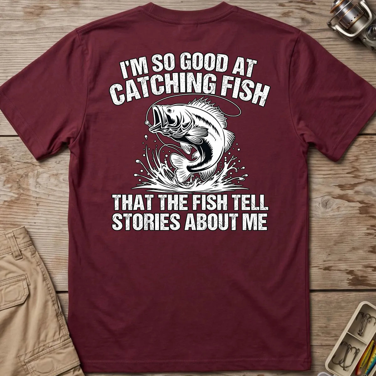 Fish Tell Stories About Me T-Shirt in Maroon