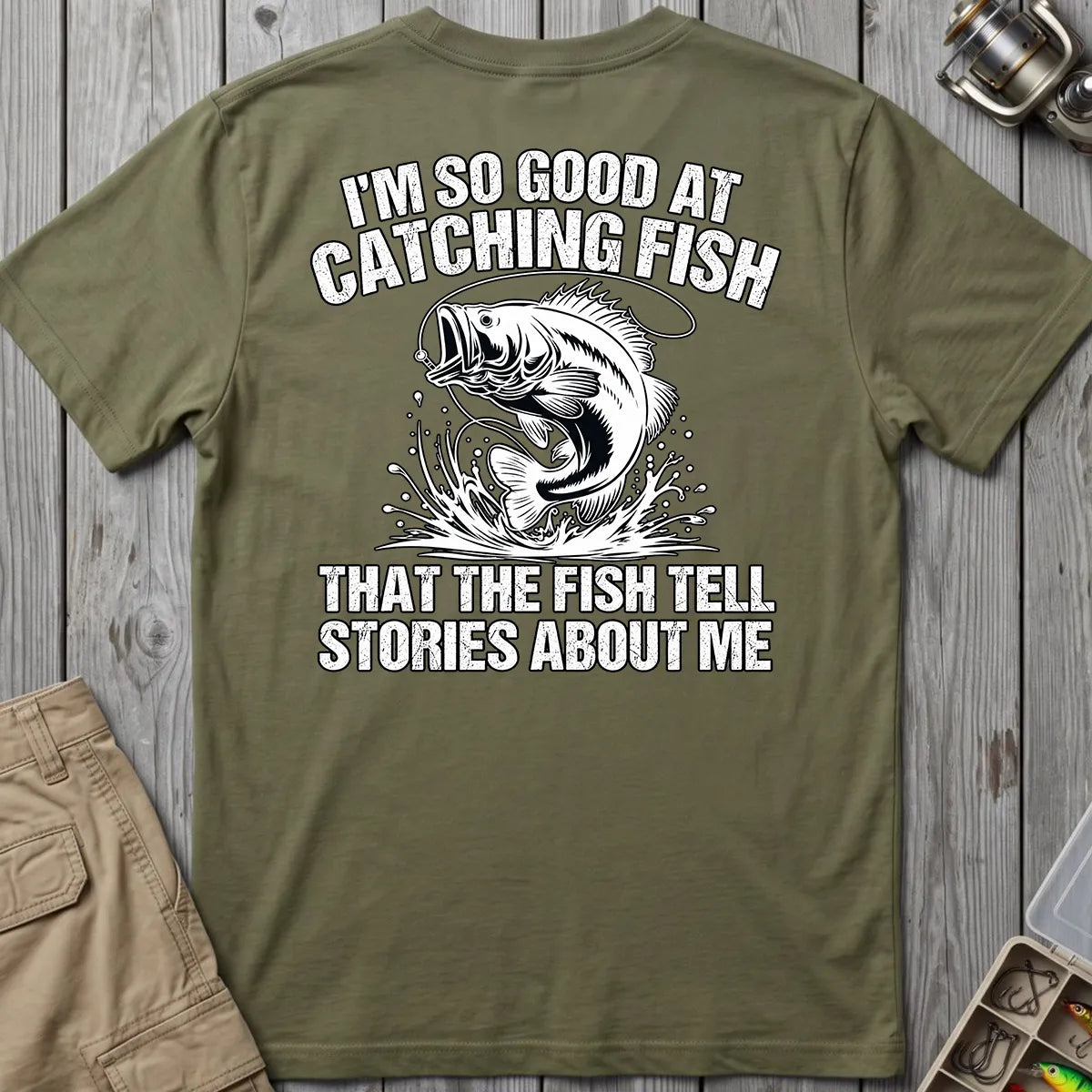 Fish Tell Stories About Me T-Shirt in Military Green