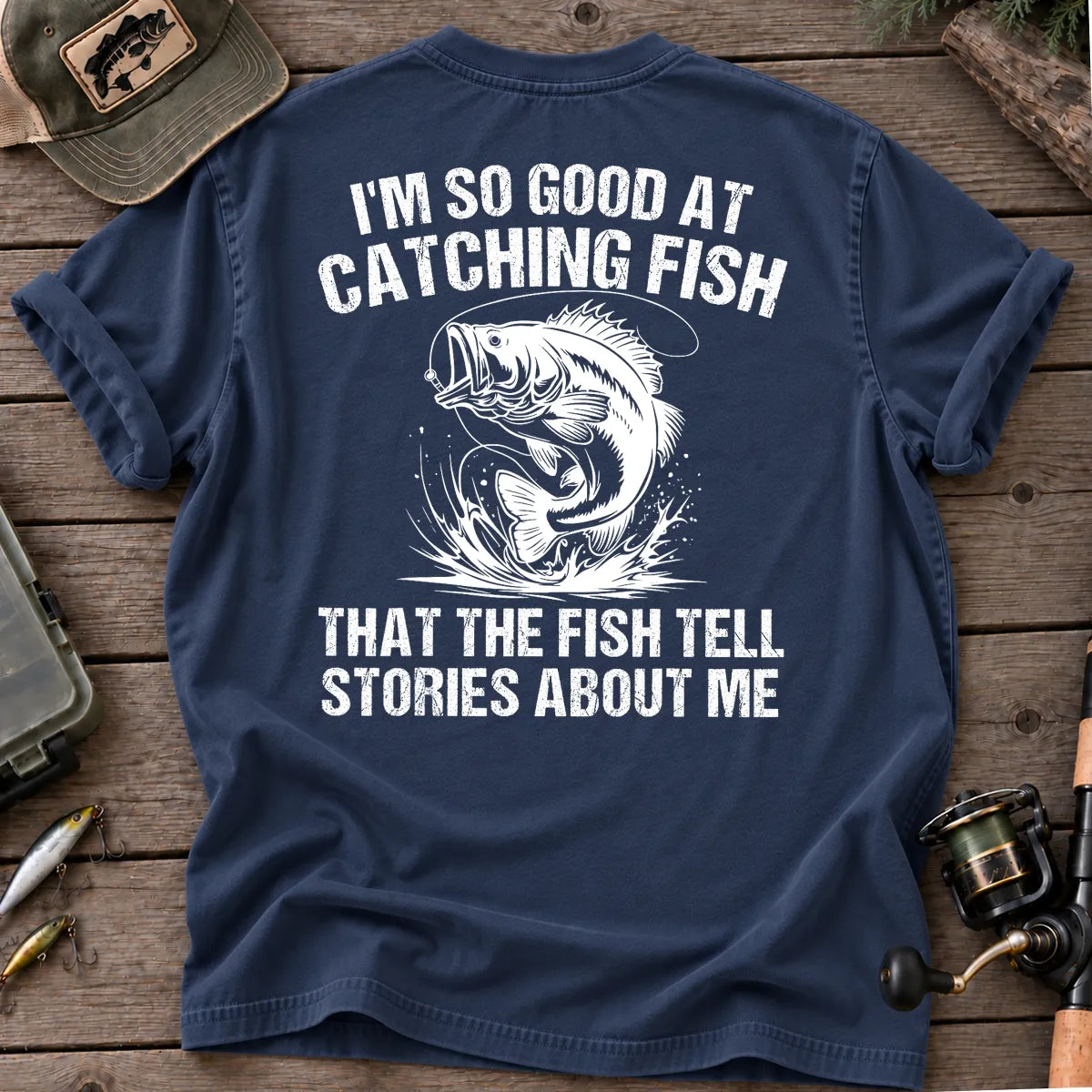 Fish Tell Stories About Me T-Shirt in True Navy