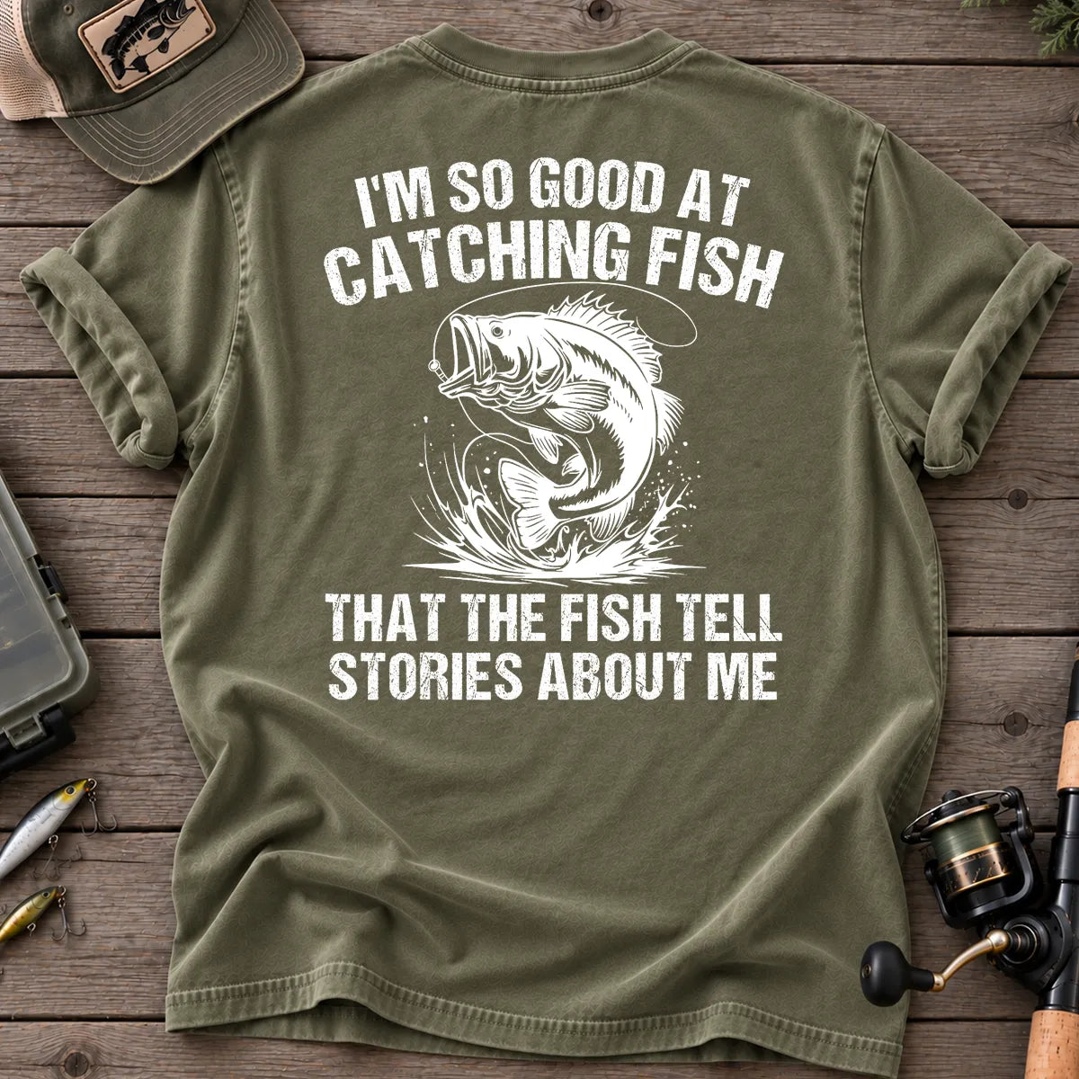 Fish Tell Stories About Me T-Shirt in Moss