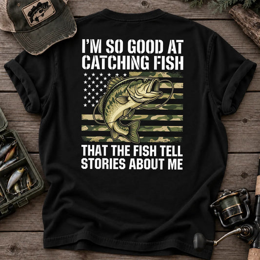 Fish Tell Stories American Flag Bass T-Shirt in Black