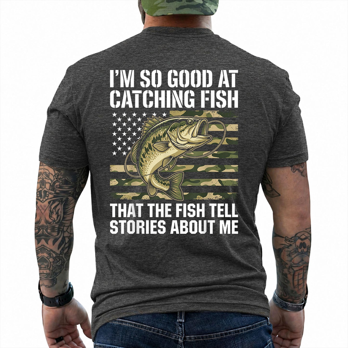 Dark Heather T-shirt back with bass over a camouflage American flag and Fish Tell Stories back slogan