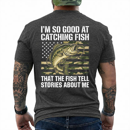 Dark Heather T-shirt back with bass over a camouflage American flag and Fish Tell Stories back slogan