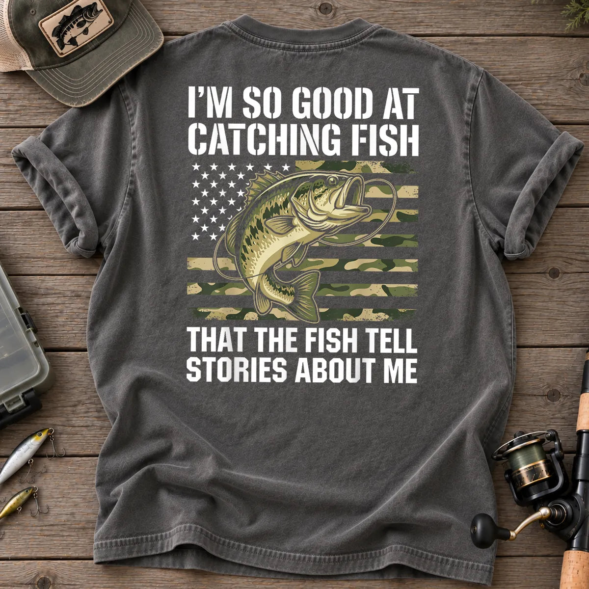 Fish Tell Stories American Flag Bass T-Shirt in Pepper
