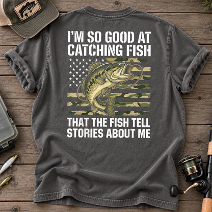 Fish Tell Stories American Flag Bass T-Shirt in Pepper