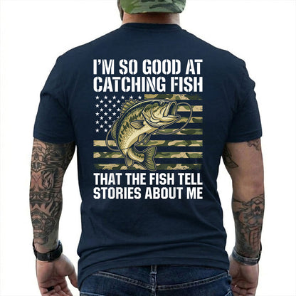 Forest Green T-shirt back with bass over a camouflage American flag and Fish Tell Stories back slogan