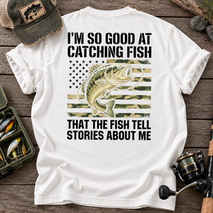 Fish Tell Stories American Flag Bass T-Shirt in White