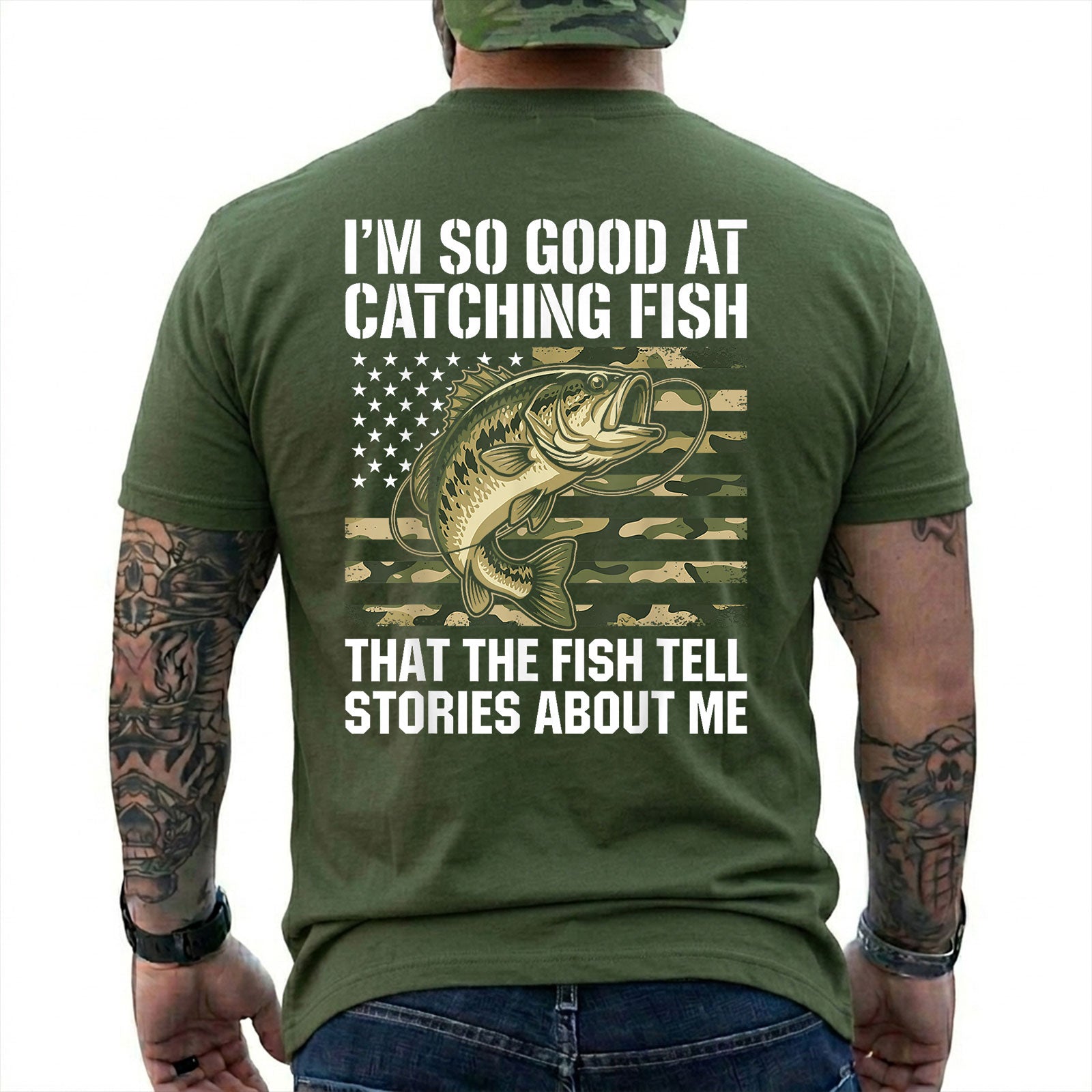 Military Green T-shirt back with bass over a camouflage American flag and Fish Tell Stories back slogan