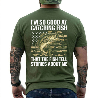 Military Green T-shirt back with bass over a camouflage American flag and Fish Tell Stories back slogan
