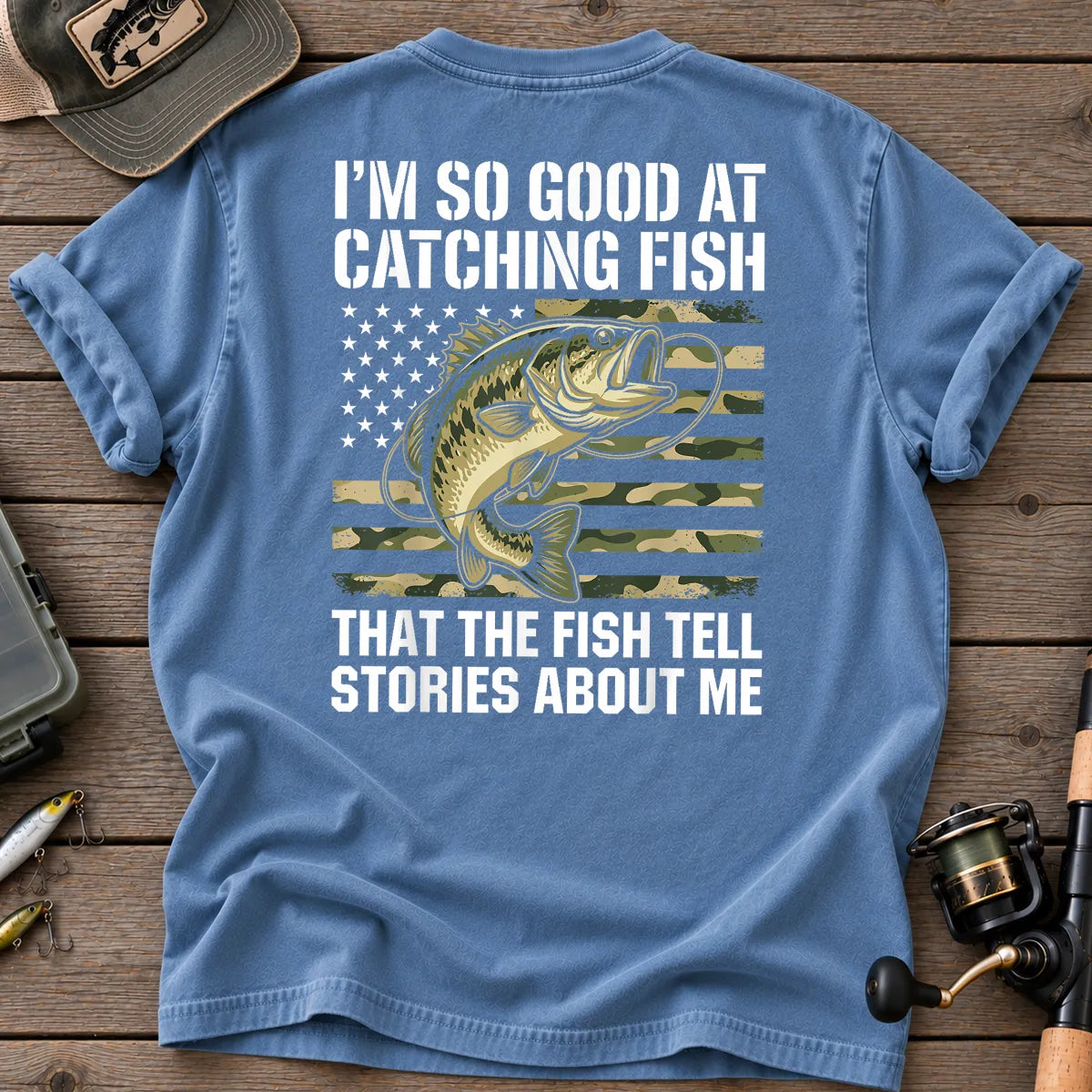 Fish Tell Stories American Flag Bass T-Shirt in Blue Jean