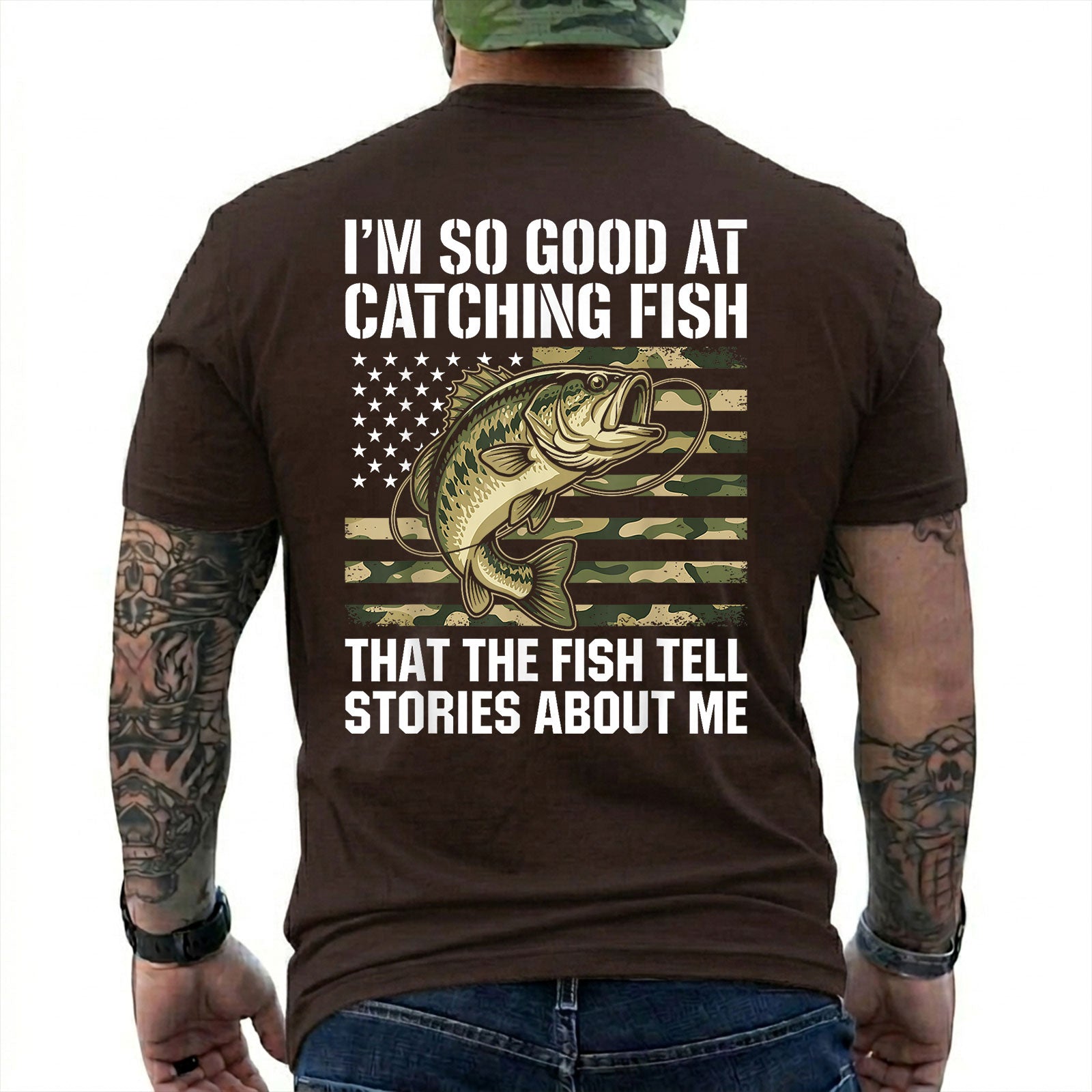 Dark Chocolate T-shirt back with bass over a camouflage American flag and Fish Tell Stories back slogan
