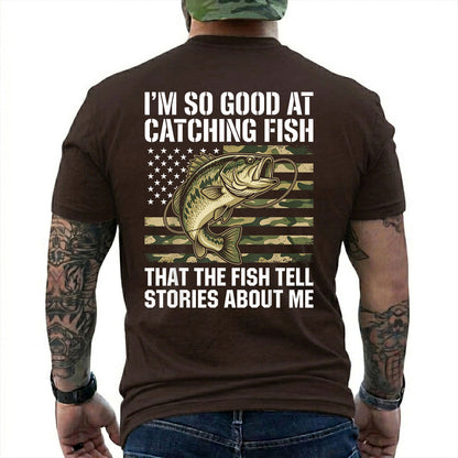 Dark Chocolate T-shirt back with bass over a camouflage American flag and Fish Tell Stories back slogan