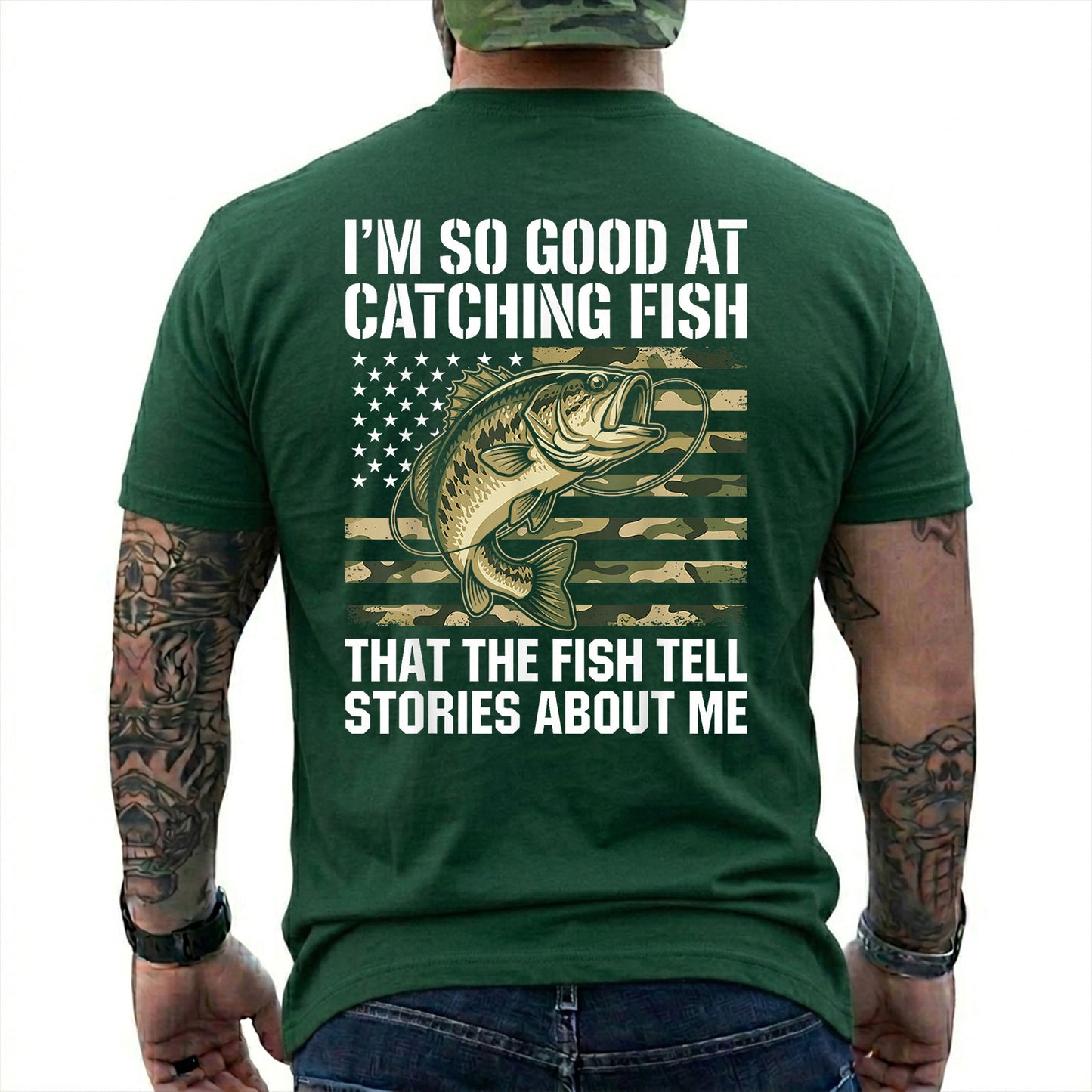 Navy T-shirt back with bass over a camouflage American flag and Fish Tell Stories back slogan