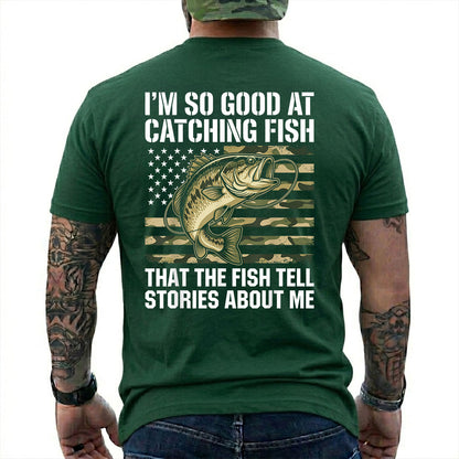Navy T-shirt back with bass over a camouflage American flag and Fish Tell Stories back slogan