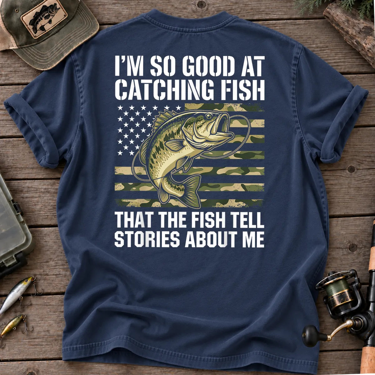 Fish Tell Stories American Flag Bass T-Shirt in True Navy