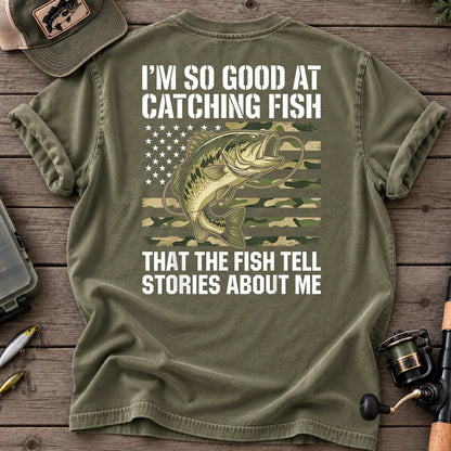 Fish Tell Stories American Flag Bass T-Shirt in Moss