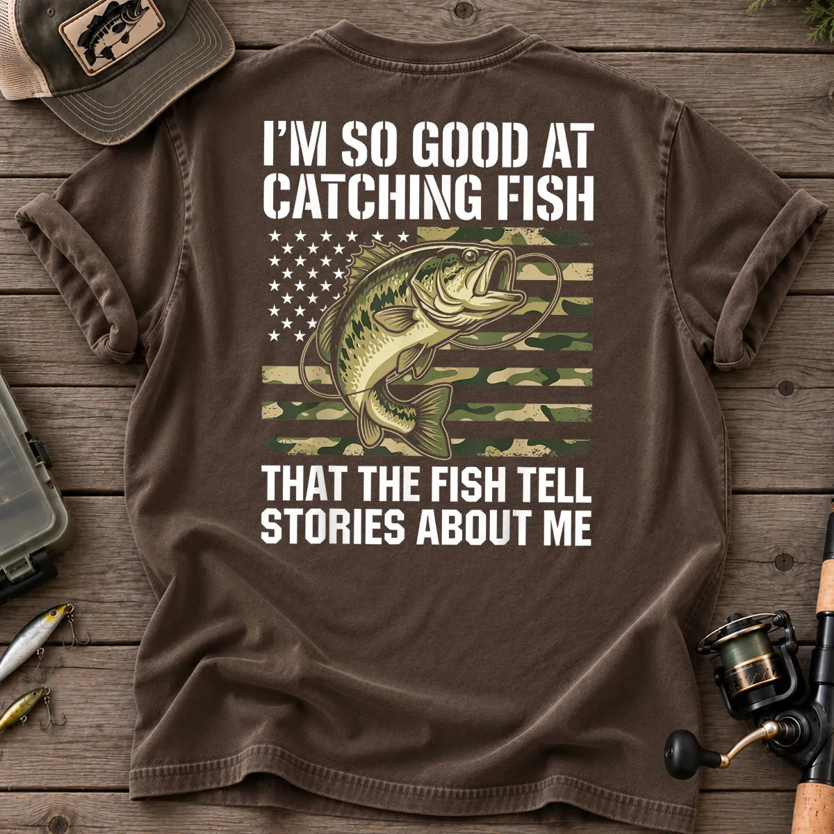Fish Tell Stories American Flag Bass T-Shirt in Espresso