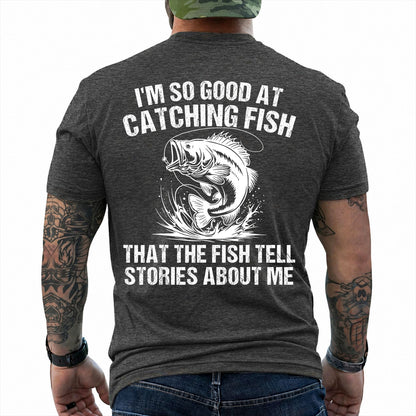 Dark Heather T-shirt back with splashing bass and distressed Fish Tell Stories back graphic