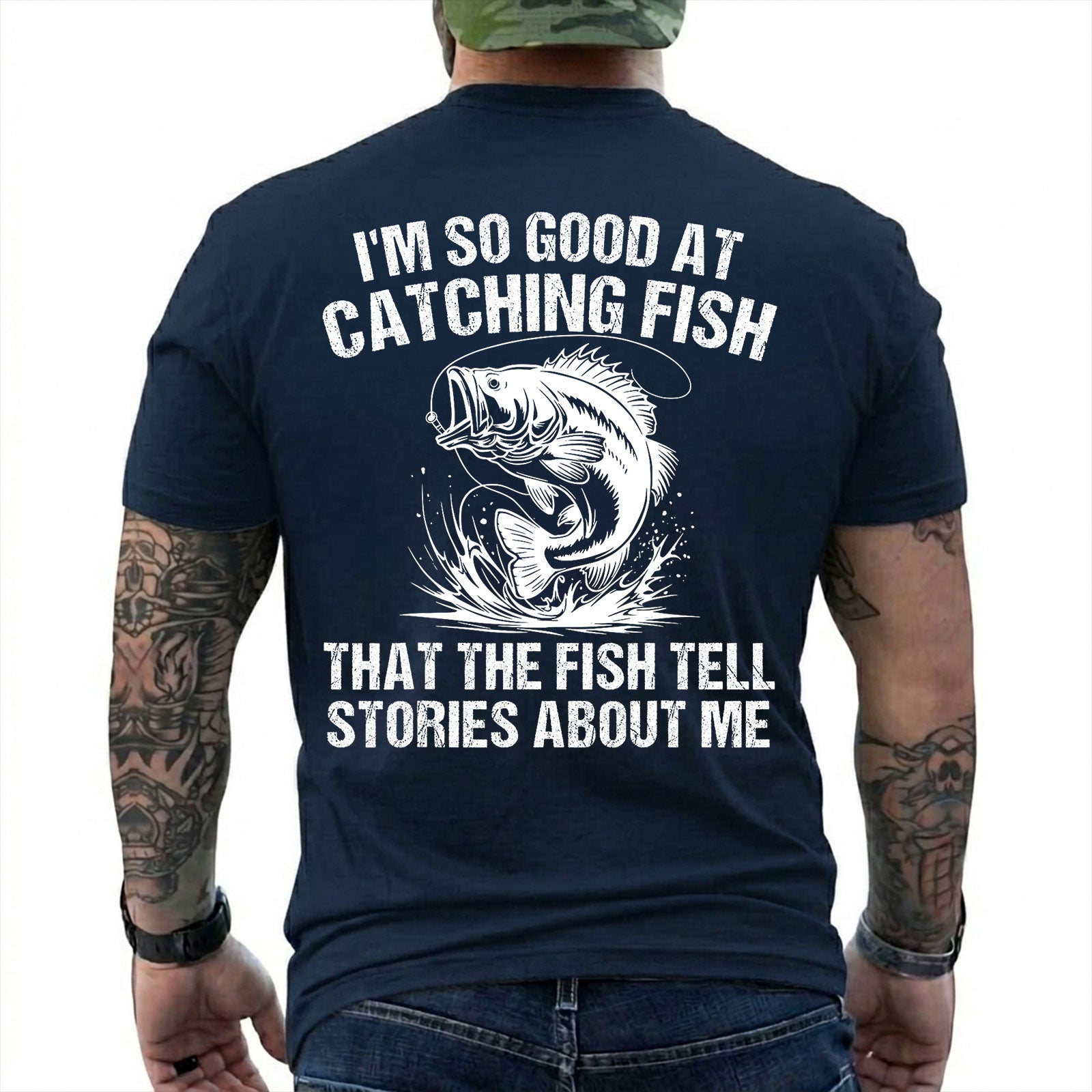 Forest Green T-shirt back with splashing bass and distressed Fish Tell Stories back graphic